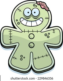 A cartoon illustration of a gingerbread zombie smiling.