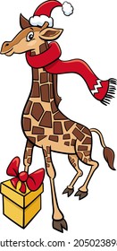 Cartoon illustration of giraffe animal character with present on Christmas time