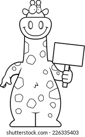 A cartoon illustration of a giraffe holding a sign.