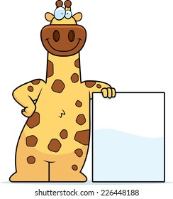 A cartoon illustration of a giraffe leaning against a sign.