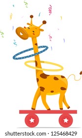Cartoon illustration of a Giraffe playing hula hoops on top of a balancing board