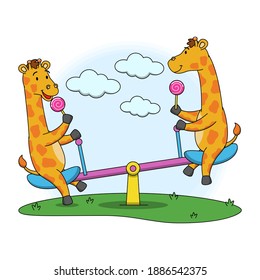 Cartoon illustration of giraffe playing with a seesaw