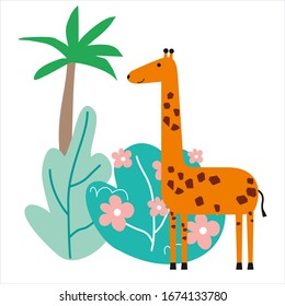 Cartoon illustration of giraffe and tropical plants and palm tree. Illustration for children. Cute vector giraffe. Tropical landscape. 