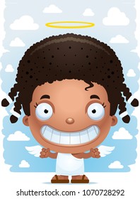 A cartoon illustration of a girl angel standing and smiling.