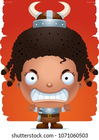 A cartoon illustration of a girl barbarian with an angry expression.