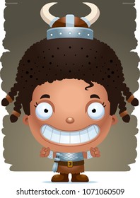 A cartoon illustration of a girl barbarian smiling.