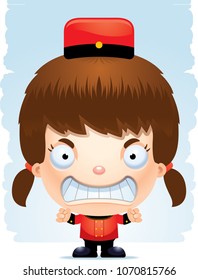A cartoon illustration of a girl bellhop with an angry expression.