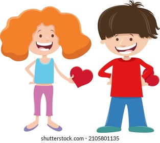 Cartoon illustration with girl and boy characters with cards on Valentines Day