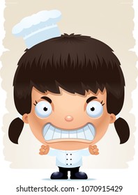 A cartoon illustration of a girl chef with an angry expression.