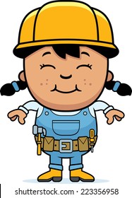 A cartoon illustration of a girl construction worker standing and smiling.