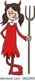 Cartoon Illustration of Girl in Devil Costume at Halloween Party or Masked Ball