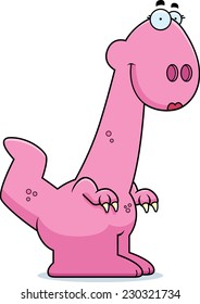 A cartoon illustration of a girl dinosaur smiling.