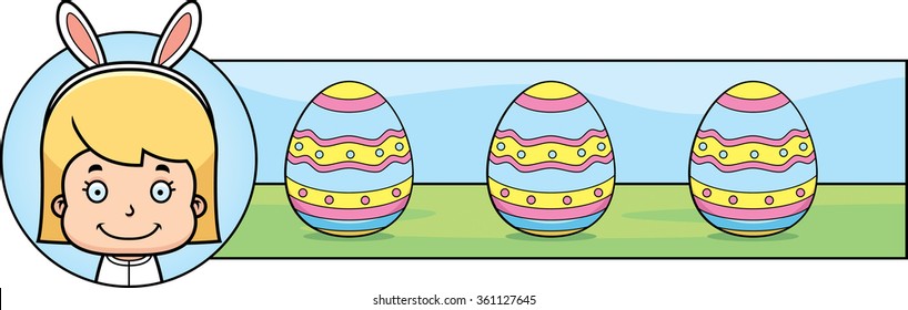 A cartoon illustration of a girl dressed as the Easter Bunny in an Easter themed graphic.