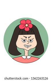 Cartoon illustration of girl with flower on her head and funny face expression. Cute vector kid character isolated on white background.