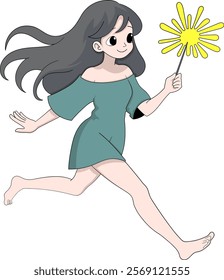 A cartoon illustration of a girl with flowing black hair in a green off-shoulder dress, running barefoot while holding a bright yellow sparkler