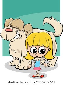 Cartoon illustration of girl with funny big shaggy dog character