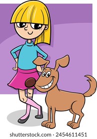 Cartoon illustration of girl with funny funny brown dog character