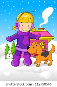 Cartoon illustration of a girl with her dog during wintertime