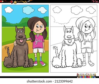 Cartoon illustration of girl with her dog coloring book page