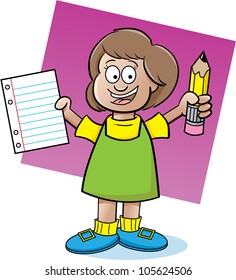 Cartoon Illustration Girl Holding Paper Pencil Stock Vector (Royalty ...