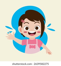 Cartoon illustration of a girl with a joyful expression and her right hand outstretched.  The girl is wearing a light pink dress with a pink bow.  She has dark brown hair with pink hair clips, 