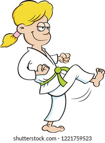 Cartoon illustration of a girl in a karate uniform kicking.