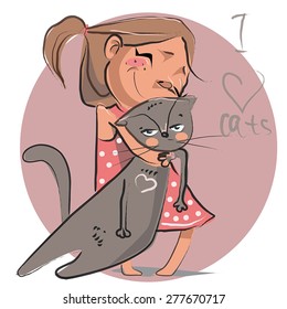 Cartoon Illustration of Girl with Kitten Pet.