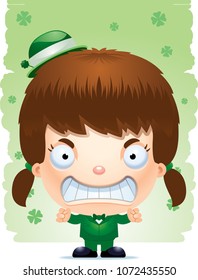 A cartoon illustration of a girl leprechaun looking angry.
