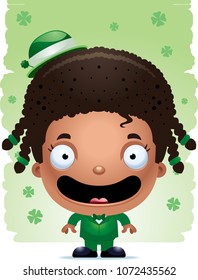 A cartoon illustration of a girl leprechaun standing and smiling.