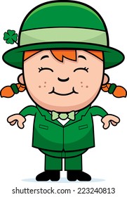 A cartoon illustration of a girl leprechaun standing and smiling.