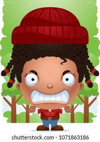 A cartoon illustration of a girl lumberjack looking angry.