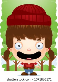 A cartoon illustration of a girl lumberjack smiling.