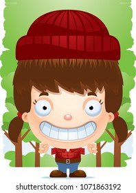 A cartoon illustration of a girl lumberjack smiling.