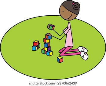 Cartoon illustration of a girl playing with building blocks on the floor