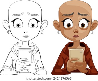Cartoon illustration of girl reacting to phone content