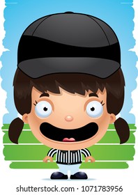 A cartoon illustration of a girl referee smiling.