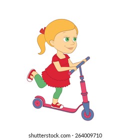 Cartoon illustration of a girl riding a colorful scooter
