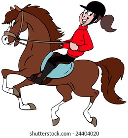 Cartoon Illustration Of A Girl Riding  Her Horse.