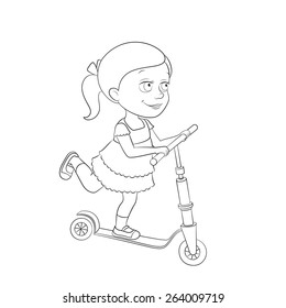 Cartoon illustration of a girl riding a scooter