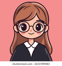 A cartoon illustration of a girl with round glasses, long brown hair, and a black outfit with a white collar.