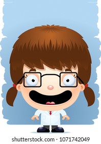 A cartoon illustration of a girl scientist smiling.