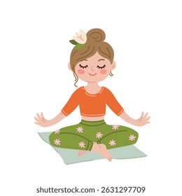 Cartoon illustration of a girl sitting in a lotus position during a yoga class. Can be used for posters, websites, blogs and more. Vector flat style
