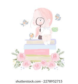 Cartoon Illustration of Girl sitting on Stack of Book and holding a Magnifying Glass