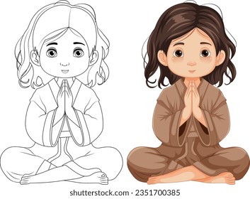 A cartoon illustration of a girl sitting and praying in meditation