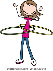 Cartoon illustration of a girl spinning hula hoop rings