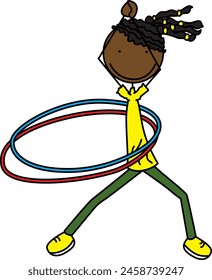 Cartoon illustration of a girl spinning hula hoop rings