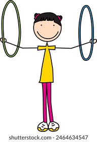 Cartoon illustration of a girl spinning hula hoop rings on both arms