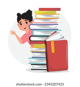 Cartoon illustration of a girl standing behind the pile of books and waving. Literacy day, reading, study, school concept illustration
