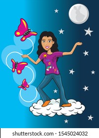 cartoon illustration of a girl standing on a cloud and some butterflies flying around her at night with a full moon on the background