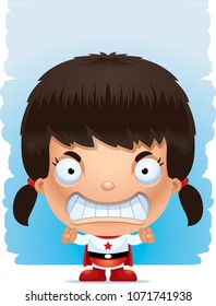 A cartoon illustration of a girl superhero with an angry expression.